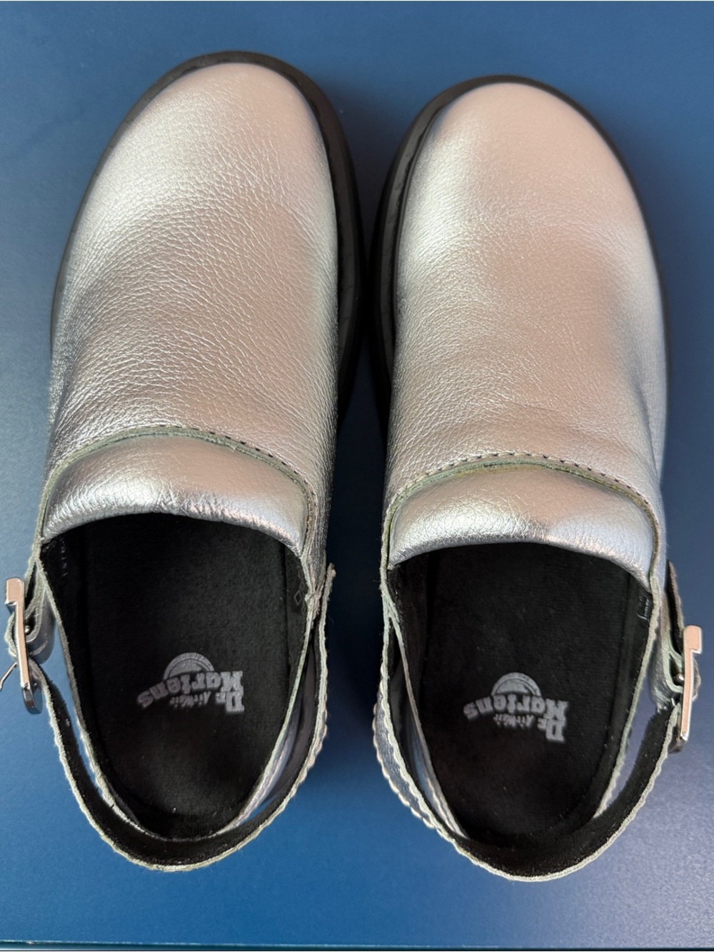NEW Dr. Martens Silver Metallic Laketen  Clogs Mules w/Buckle Strap Women’s sz 7